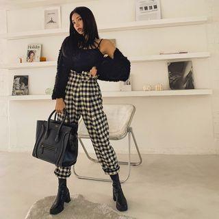 High-band-waist Checked Baggy Pants Black - One Size