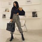 High-band-waist Checked Baggy Pants Black - One Size