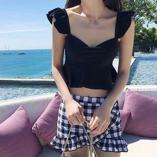 Set: Frill-trim Swim Top + Gingham Swim Skirt