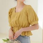 Puff-sleeve Plaid Square-neck Peplum Crop Top Yellow - One Size