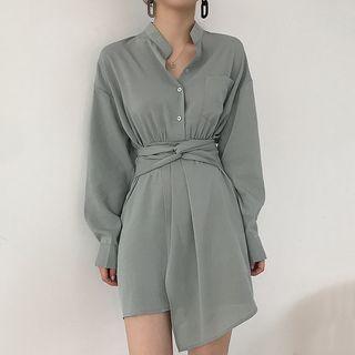 Long-sleeve Tie-waist Mini Shirt Dress