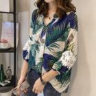 3/4-sleeve Lace Panel Print Shirt