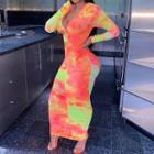 Long-sleeve Tie-dyed Zipped Sheath Dress