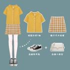 Short-sleeve Knit Shirt / Plaid Fitted Mini Skirt