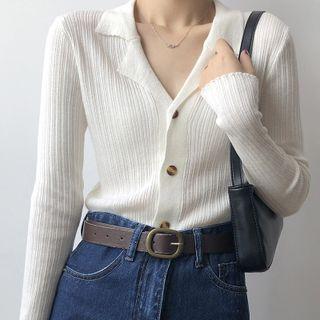 Long-sleeve Collared Ribbed Knit Cardigan