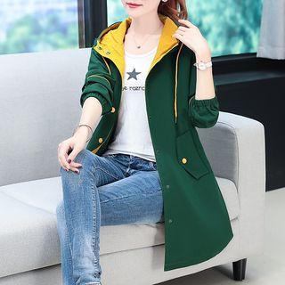 Letter Embroidered Hooded Long Button Jacket