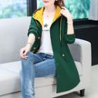 Letter Embroidered Hooded Long Button Jacket