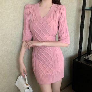 Elbow-sleeve Cable Knit Mini Bodycon Dress