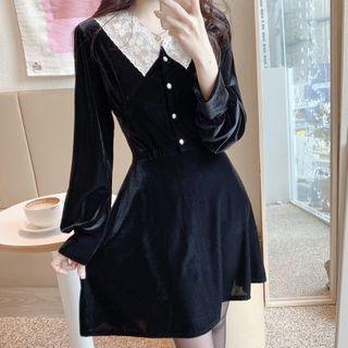 Lace Collar Long-sleeve Velvet Mini A-line Dress