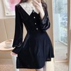 Lace Collar Long-sleeve Velvet Mini A-line Dress