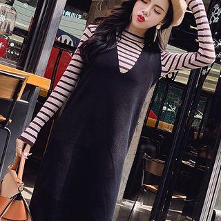 Set: Mock Neck Stripe Long-sleeve Knit Top + Plain Jumper Dress