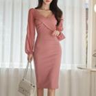 Puff-sleeve Mesh Panel Sheath Dress