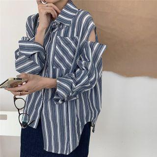 Striped Shirt / Denim Mini A-line Overall Dress