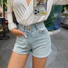 Double-button Washed Denim Shorts