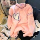 Heart Print Contrast Stitching Sweater Pink - One Size