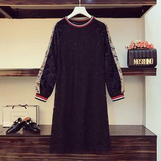 Lace Panel Midi A-line Velvet Sweatshirt Dress