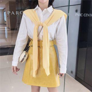 Long-sleeve Shirt / Faux Leather A-line Mini Skirt / Scarf / Set