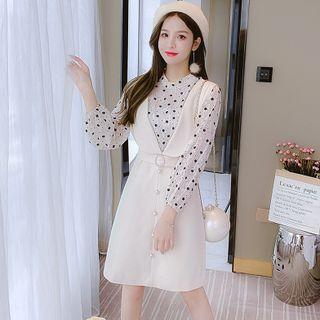 Set: Long-sleeve Flower Print Shirt + Plain Beaded Jumper Skirt