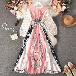 Puff-sleeve Floral Midi Smock Dress Pink - One Size