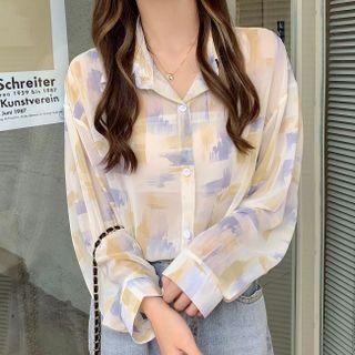 Long-sleeve Abstract Print Sheer Shirt