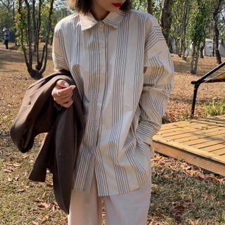 Long-sleeve Striped Shirt Top Off-white - One Size