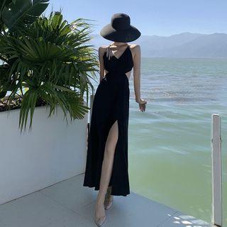 Halter-neck Side-slit Midi A-line Dress