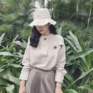 Plain Loose-fit Buttoned Long-sleeve Blouse