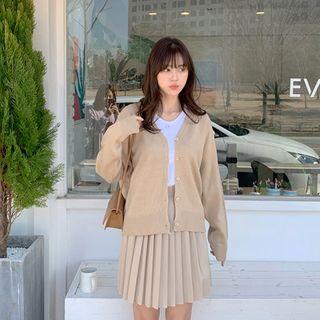 V-neck Drop-shoulder Cardigan Beige - One Size