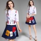 Set: Ruffled-neckline Embroidered Blouse + A-line Skirt