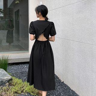 Puff-sleeve Ruffled Open-back Midi A-line Dress