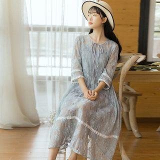 Set: Elbow-sleeve A-line Midi Lace Dress + Slipdress