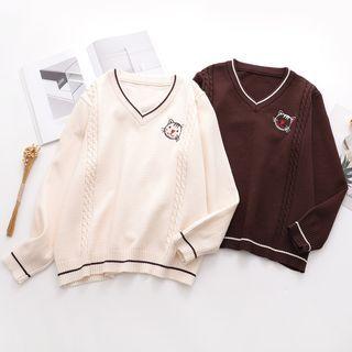 Cat Embroidered Cable Knit Top