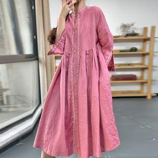 Long-sleeve Embroidered Shirt Dress Pink - One Size