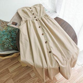 Button Strapless Midi A-line Dress