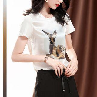 Short-sleeve Deer Print Satin T-shirt