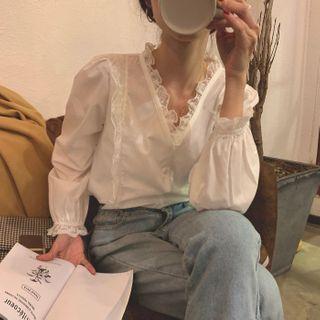 Puff-sleeve Lace Trim V-neck Blouse Shirt - One Size