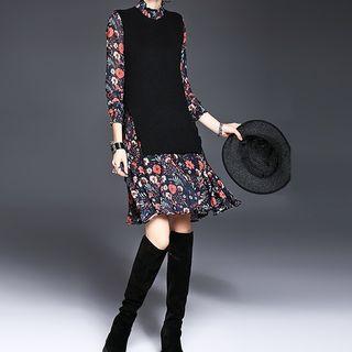 Set: Floral Print Chiffon Dress + Knit Vest