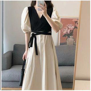 Puff-sleeve Tie-side Paneled Midi A-line Dress