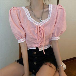 Lace Neckline Short-sleeve Top As Shown In Figure - One Size