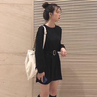 Crew-neck Long-sleeve T-shirt Dress Black - One Size
