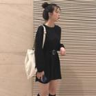 Crew-neck Long-sleeve T-shirt Dress Black - One Size