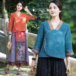 Elbow-sleeve Patterned Embroidered Trim Blouse