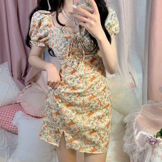 Short-sleeve Floral Print Mini A-line Dress Beige - One Size