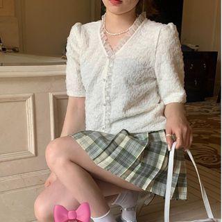 Elbow-sleeve Mesh Trim Top / Plaid Pleated Mini A-line Skirt