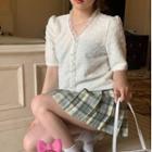 Elbow-sleeve Mesh Trim Top / Plaid Pleated Mini A-line Skirt