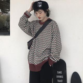 Plaid Color-block Crewneck Long-sleeve Knit Sweater As Shown In Figure - One Size