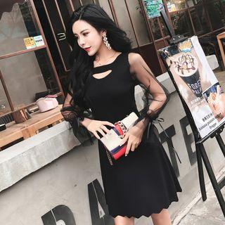 Long-sleeve Sheer Panel A-line Knit Dress
