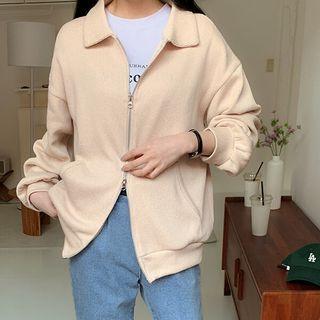 Plus Size Collared Knit Zip-up Jacket
