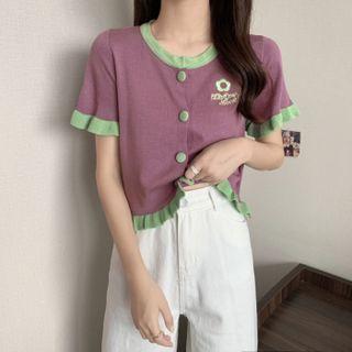 Short Sleeve Round-neck Ruffle Trim Knit Top