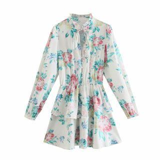 Long-sleeve Flower Print Layered Mini A-line Dress